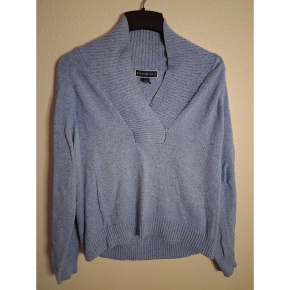Karen Scott Sweaters - Karen Scott Powder Blue Shawl Collar V-Neck Knit Sweater Old Money Cozy Pullover